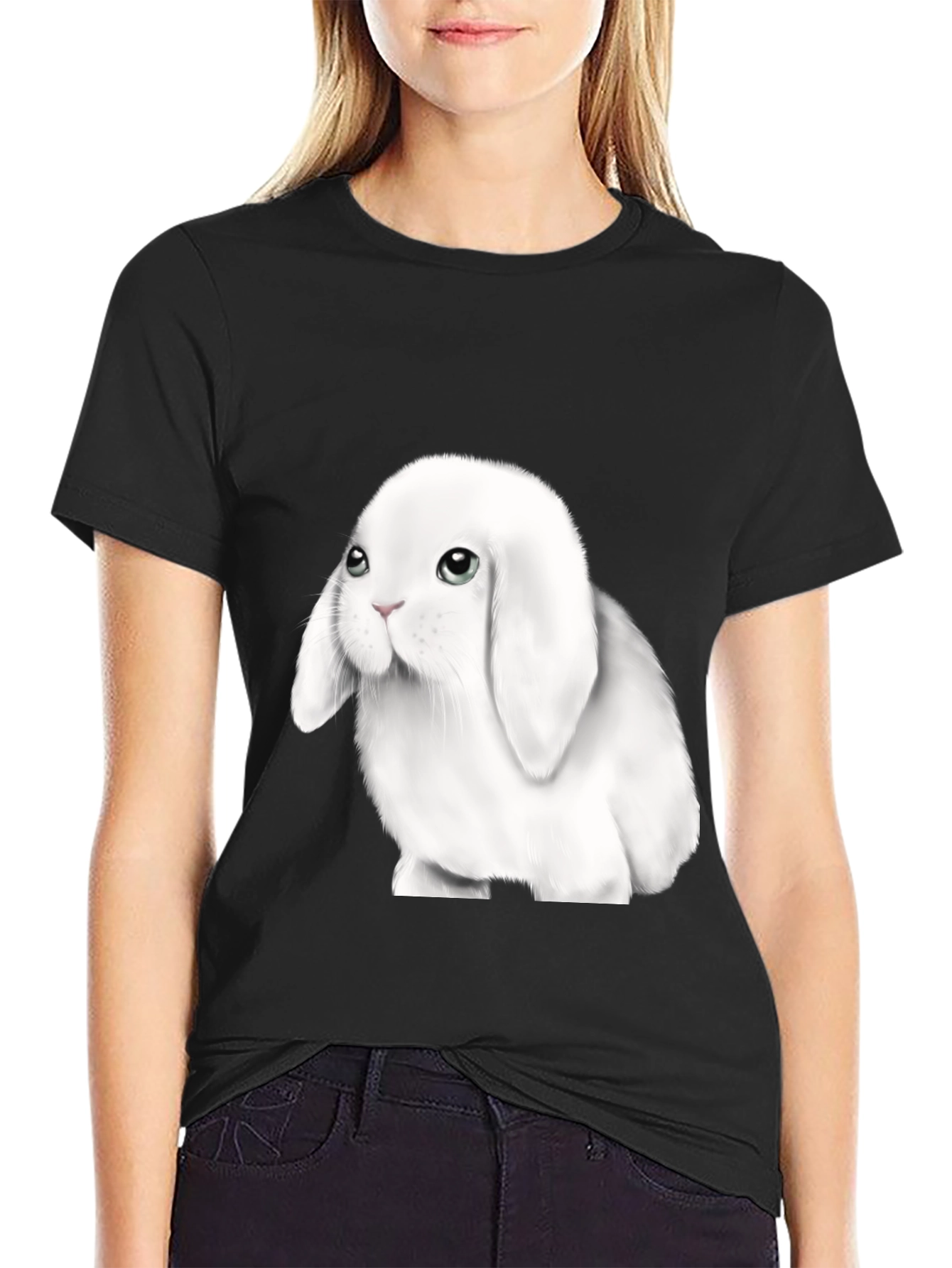 Cute Lop-Eared Bunny Graphic Tee - Black