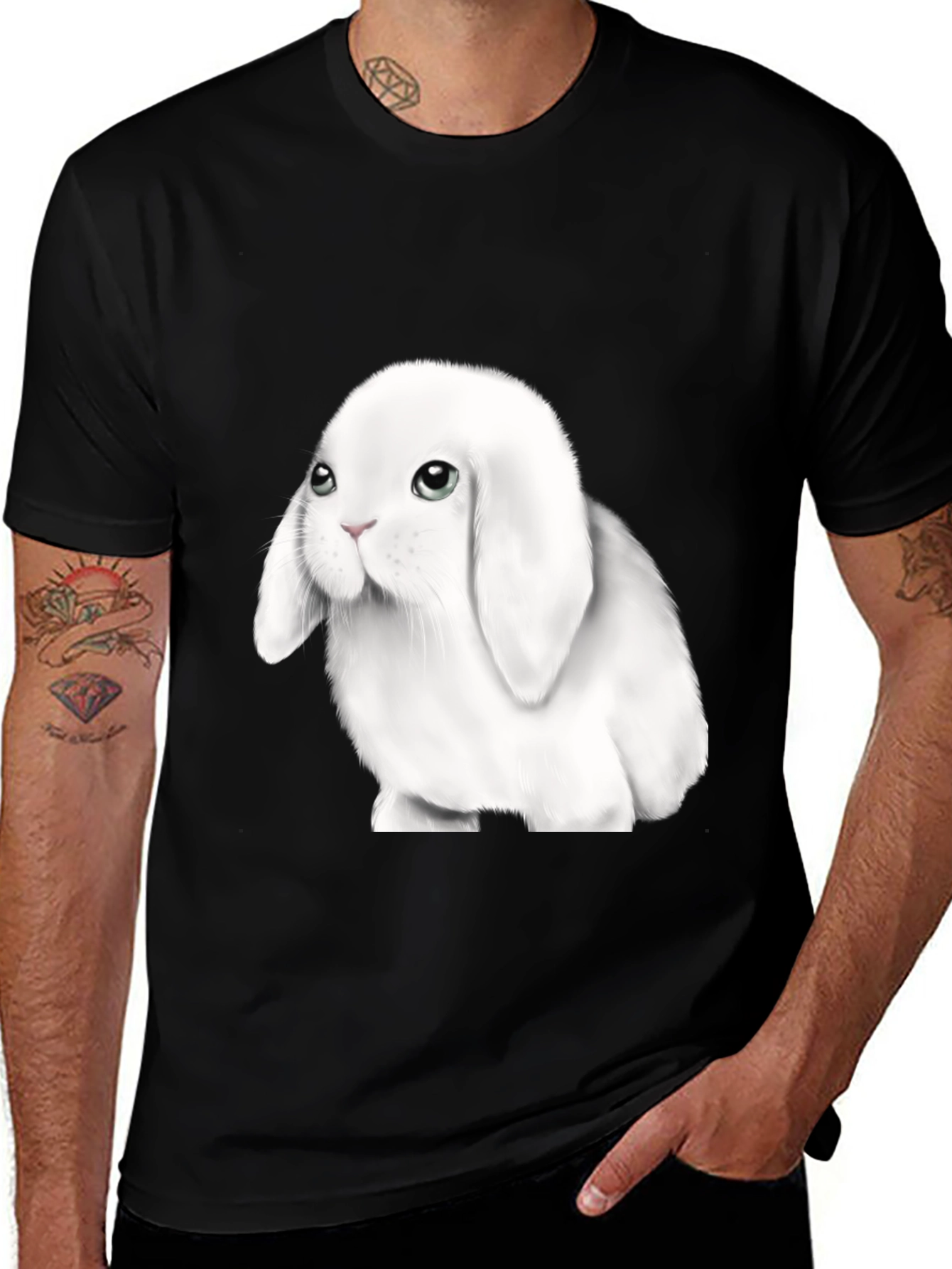 Cute Lop-Eared Bunny Graphic Tee - Black
