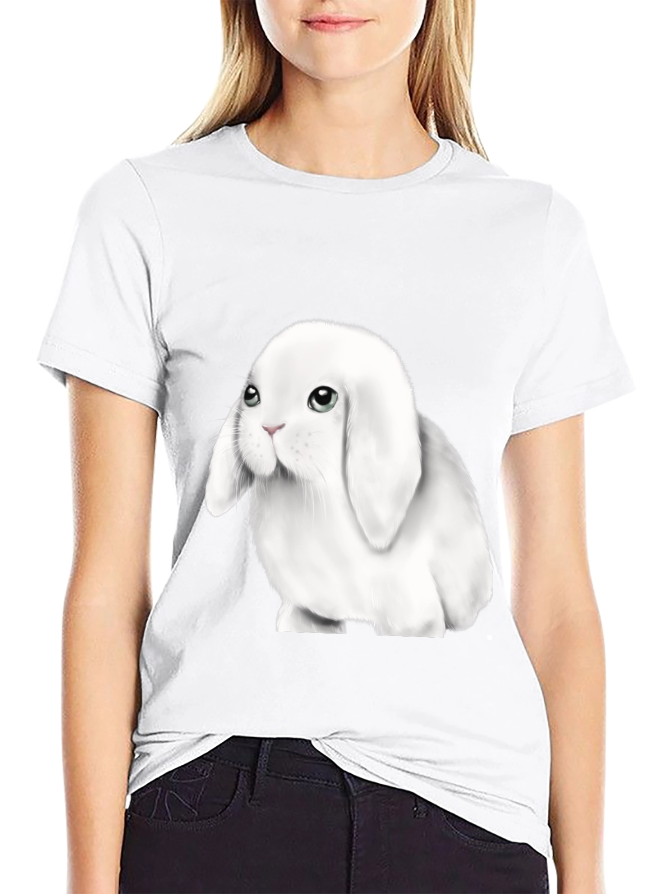 Cute Lop-Eared Bunny Graphic Tee - Black