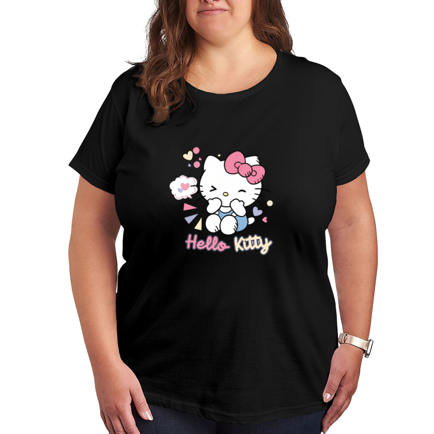 Playful Blushing Wink Hello Kitty Heart Accent Plus Size Women Fashion Tee