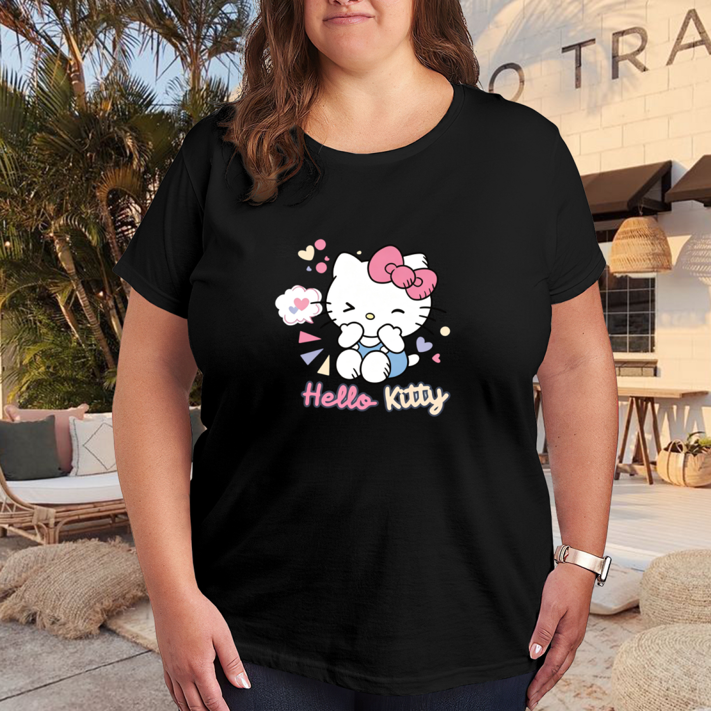 Playful Blushing Wink Hello Kitty Heart Accent Plus Size Women Fashion Tee