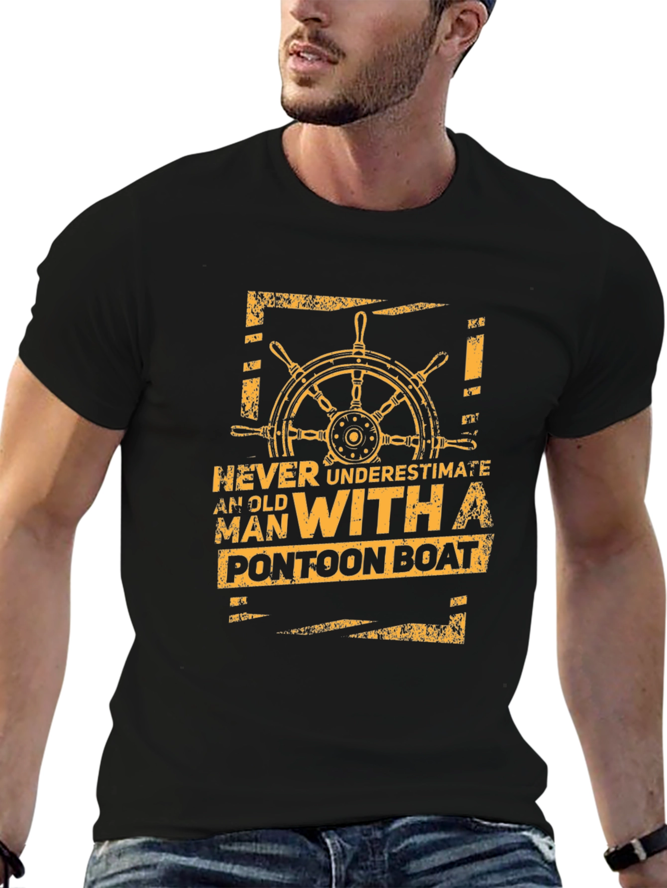 Never Underestimate Old Man Pontoon Boat Black T-Shirt