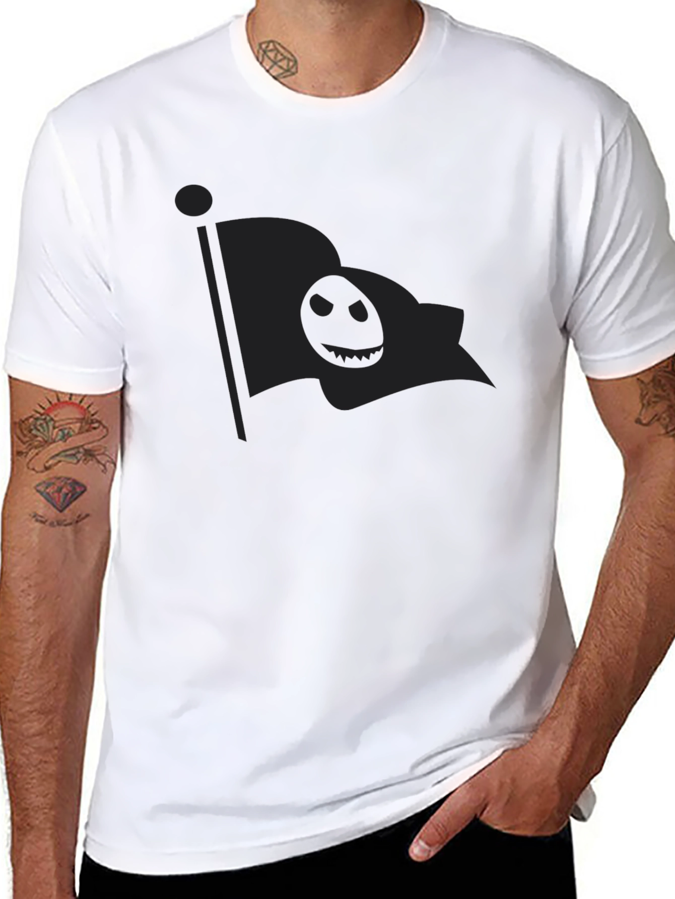 Mens Black T-Shirt with Spooky Flag Graphic