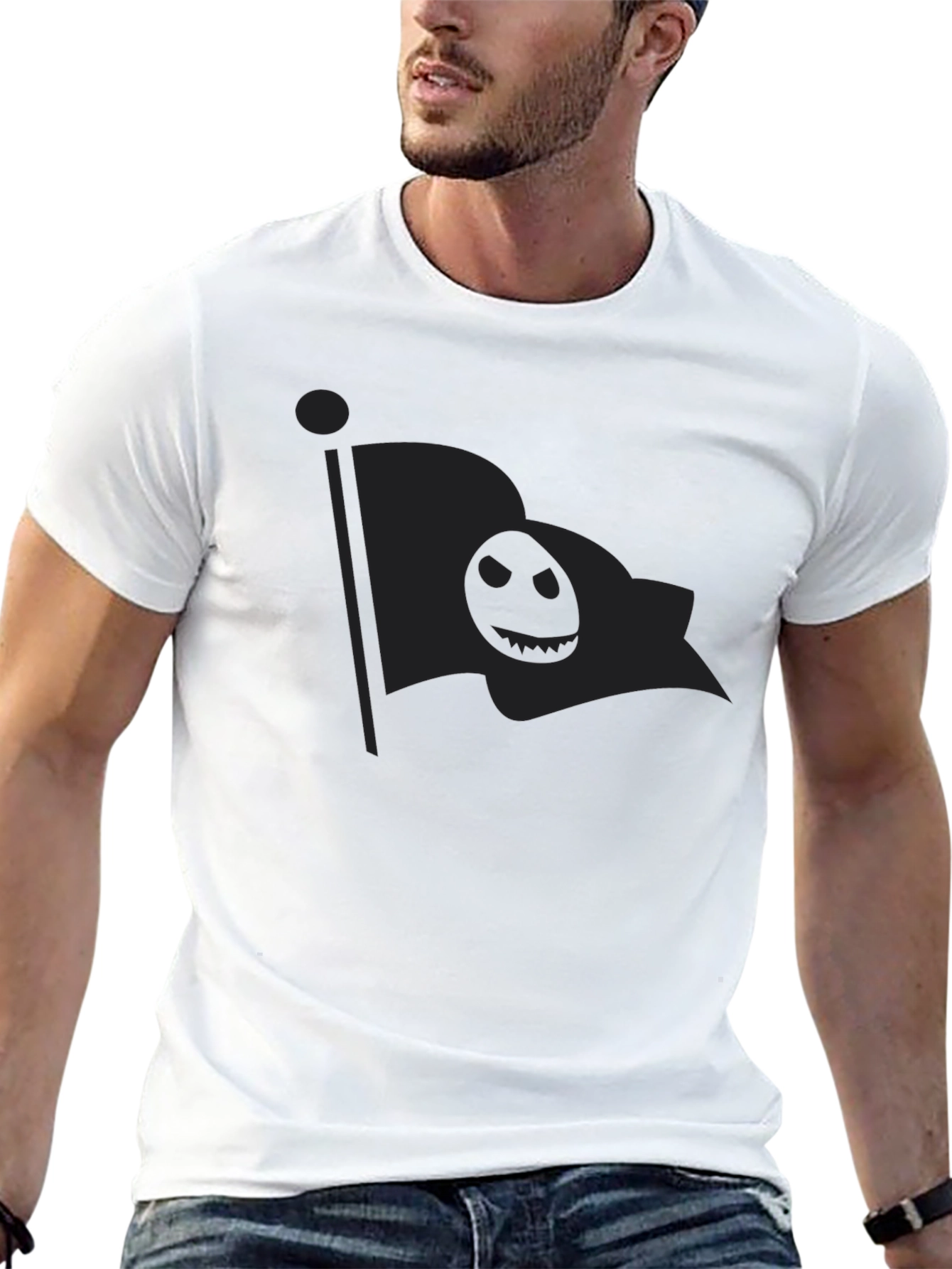 Mens Black T-Shirt with Spooky Flag Graphic