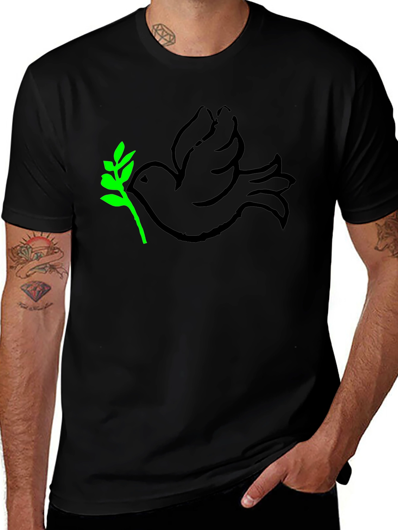 Peace Dove T-Shirt - Black with Green Branch