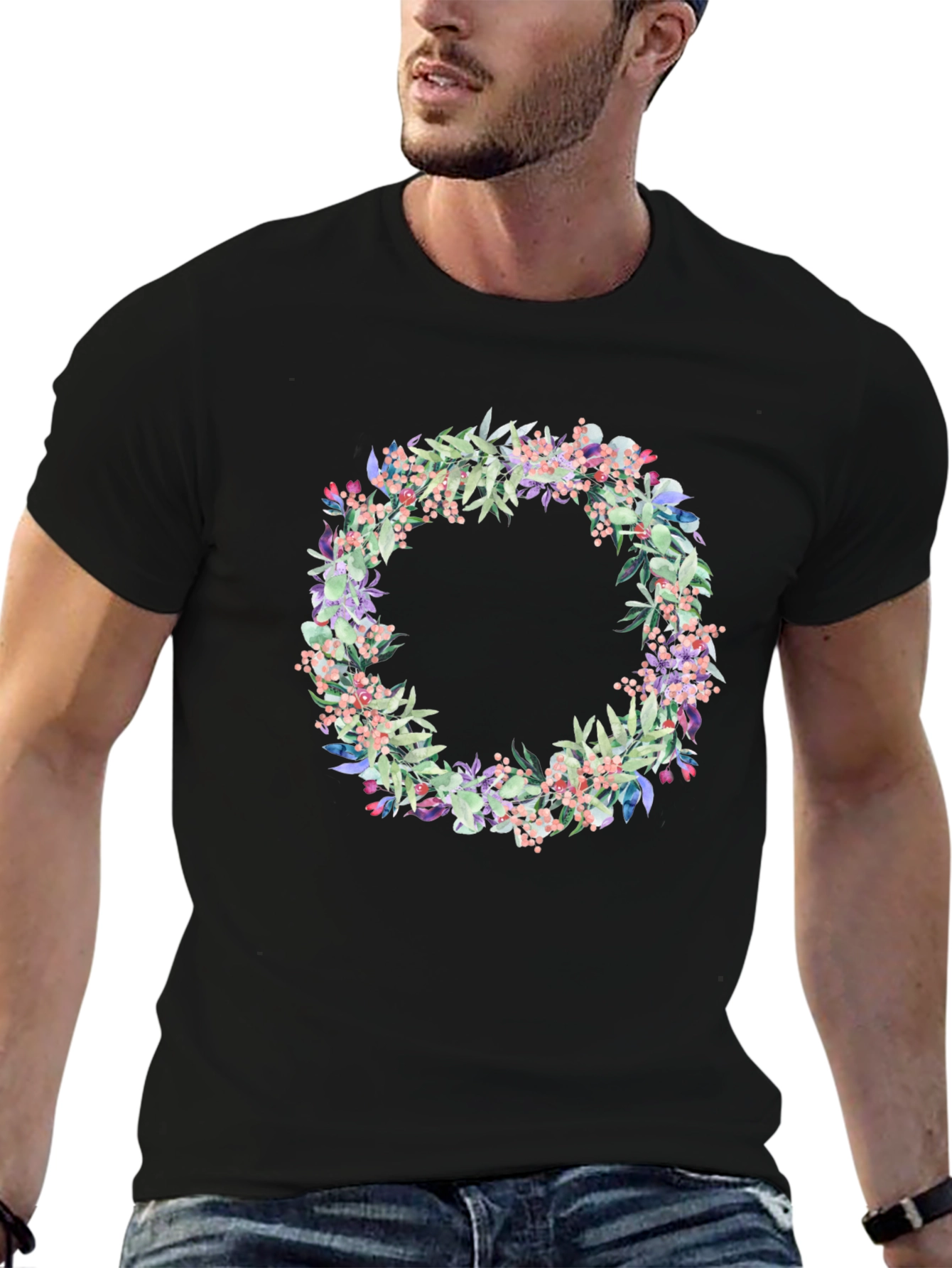Floral Wreath Graphic Black T-Shirt