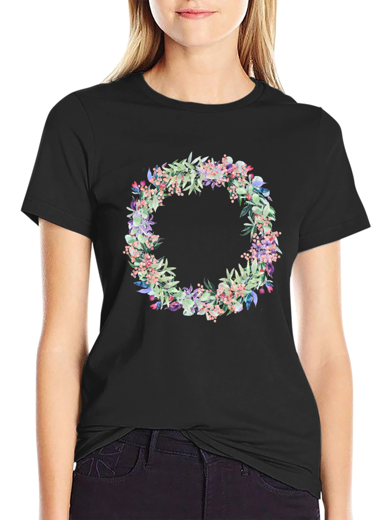 Floral Wreath Graphic Black T-Shirt