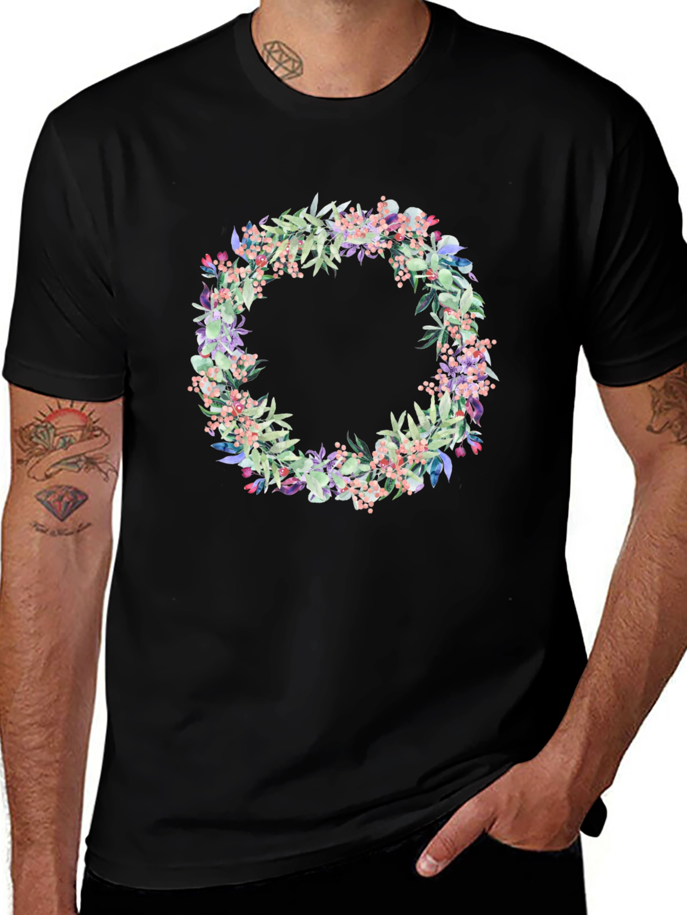 Floral Wreath Graphic Black T-Shirt