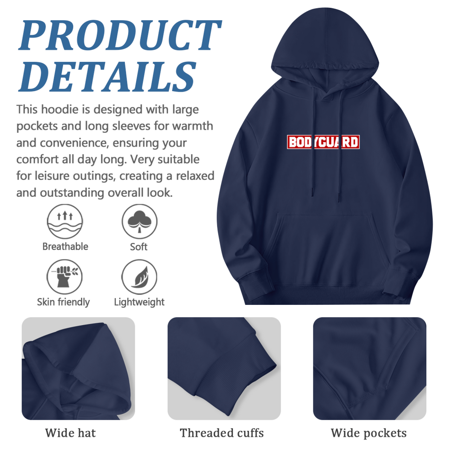Bold Bodyguard Text Graphic Hoodie, Casual Comfort Top