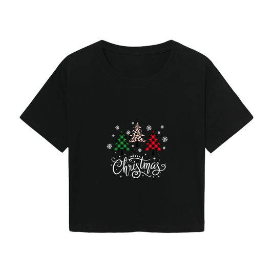 Buffalo Plaid Leopard Tree Merry Christmas Cute Crop Top