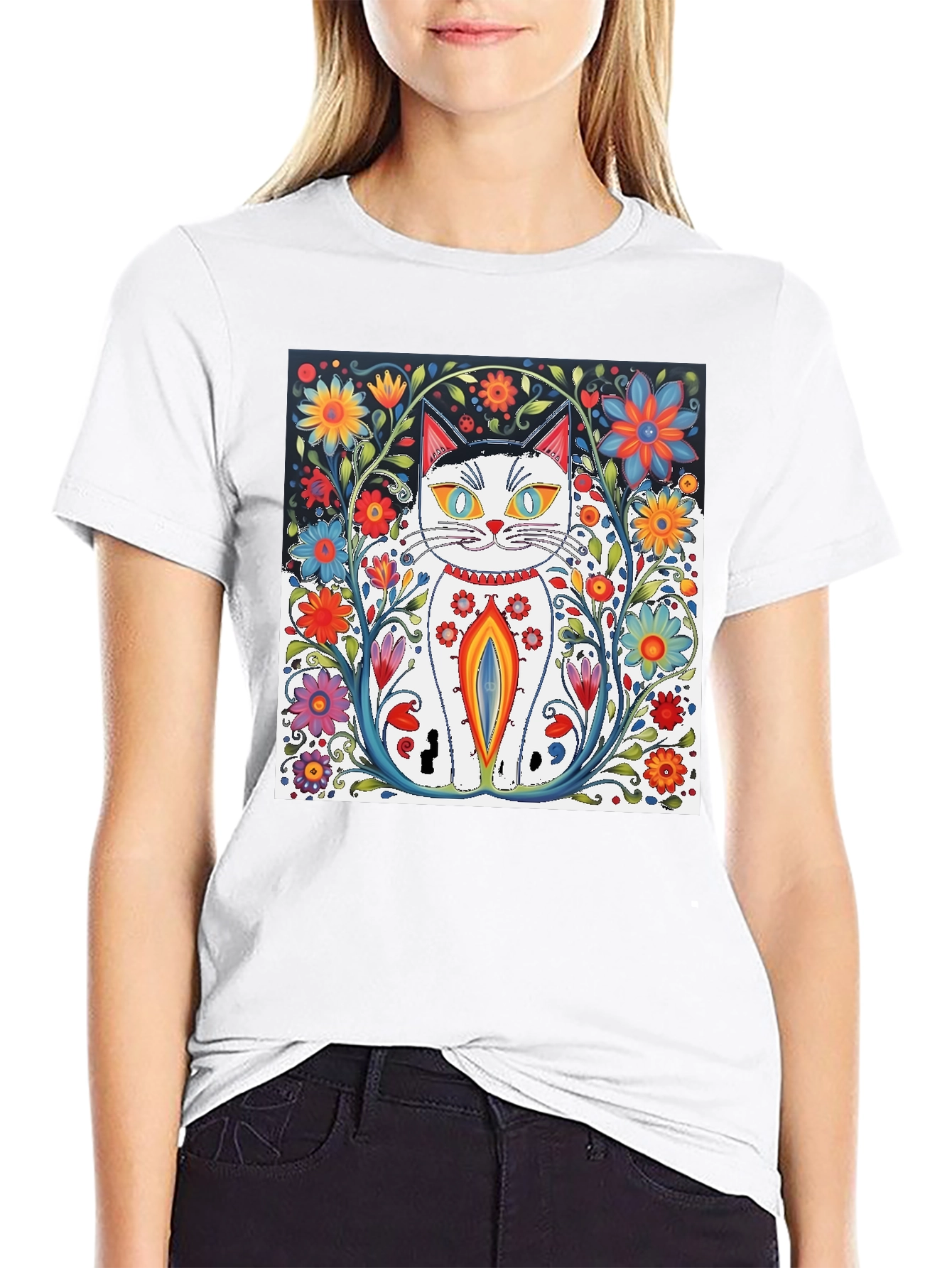 Floral Cat Art Black T-Shirt