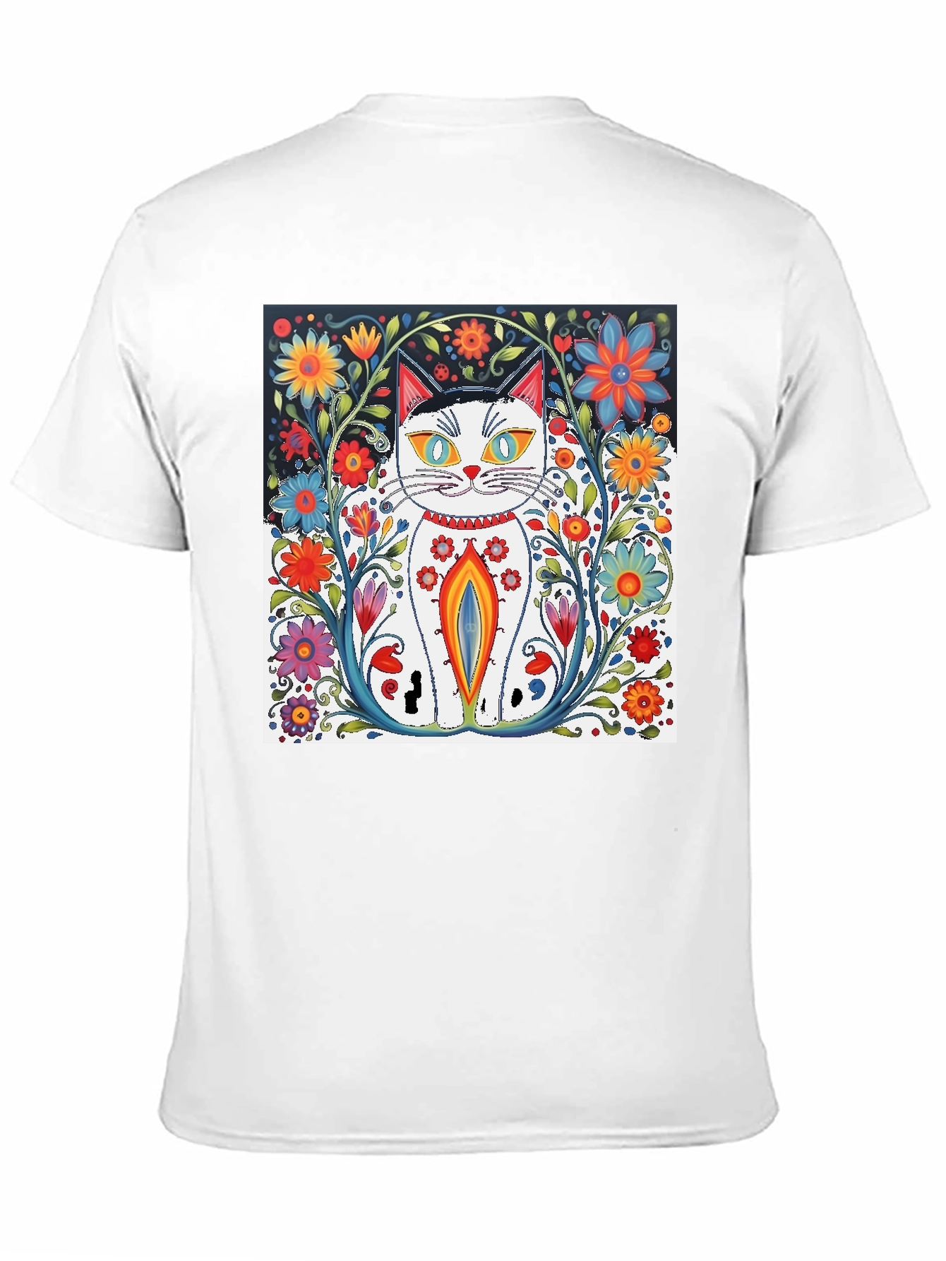 Floral Cat Art Black T-Shirt