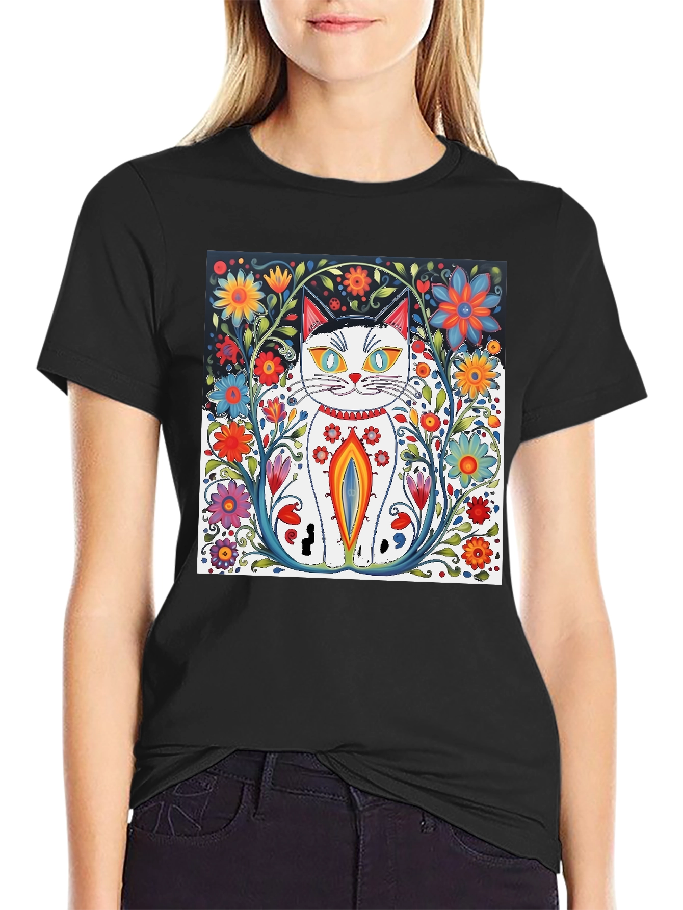 Floral Cat Art Black T-Shirt