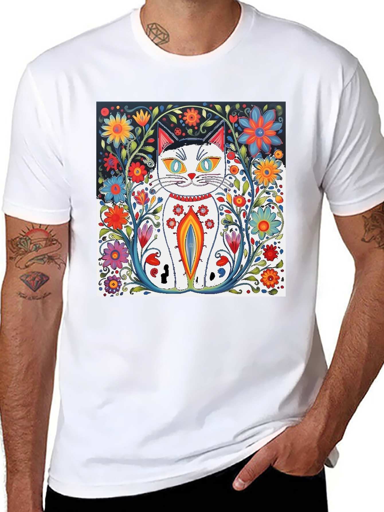 Floral Cat Art Black T-Shirt