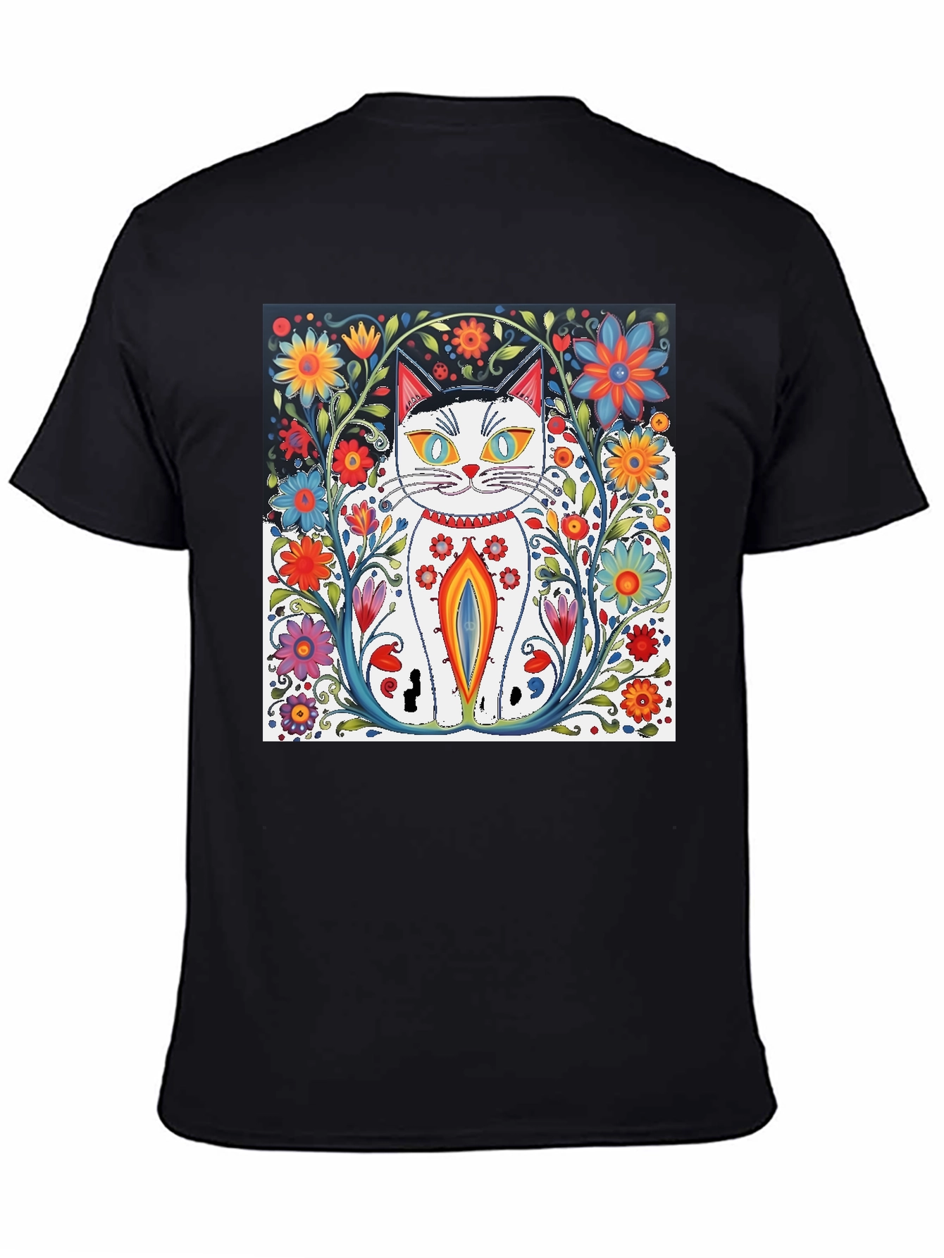 Floral Cat Art Black T-Shirt