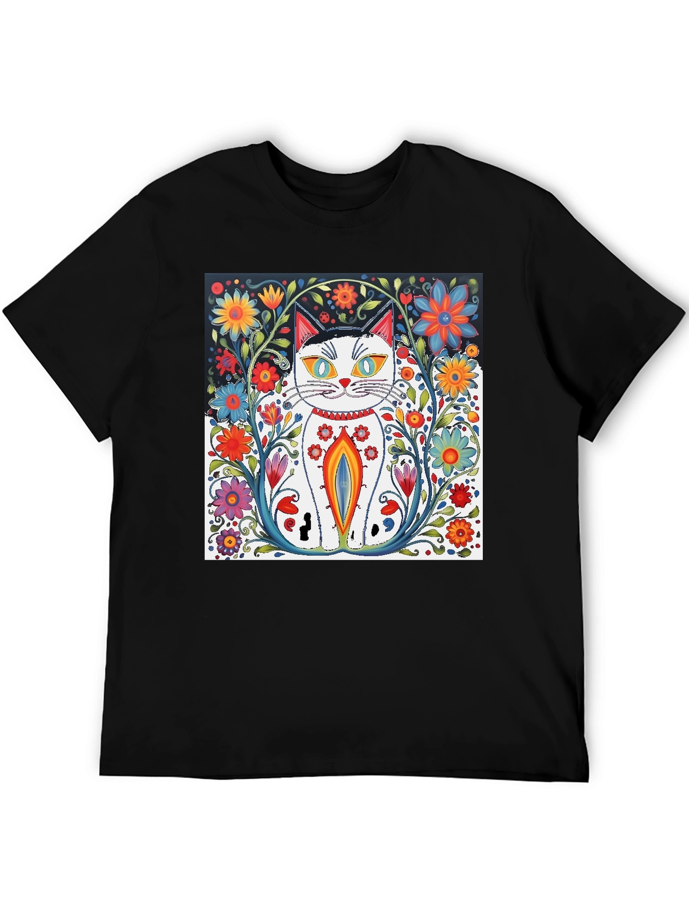 Floral Cat Art Black T-Shirt