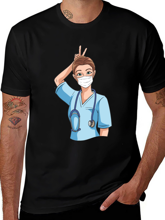 Nurse Cartoon Graphic Tee - Black Cotton Blend Casual Wear