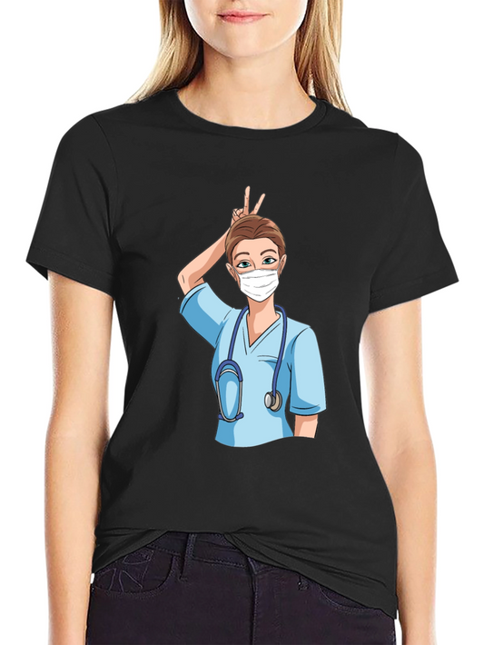 Nurse Cartoon Graphic Tee - Black Cotton Blend Casual Wear