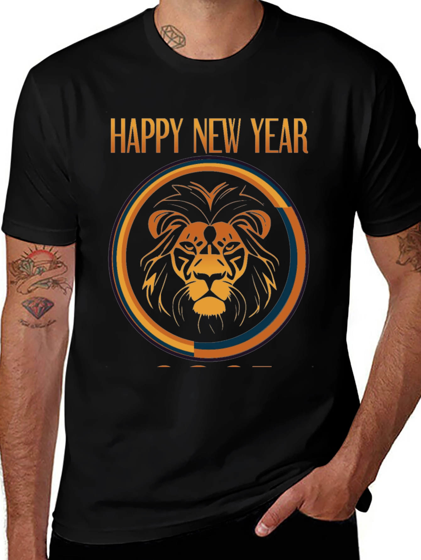 Happy New Year Lion Graphic Black T-Shirt