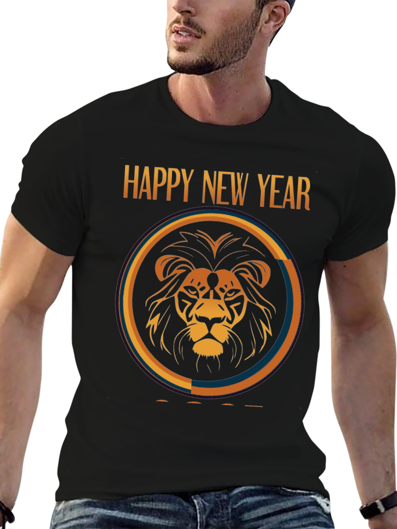 Happy New Year Lion Graphic Black T-Shirt