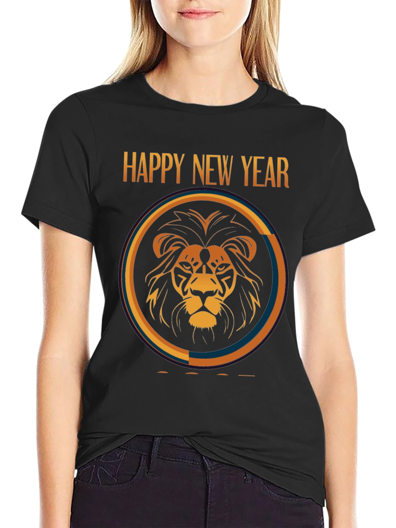 Happy New Year Lion Graphic Black T-Shirt