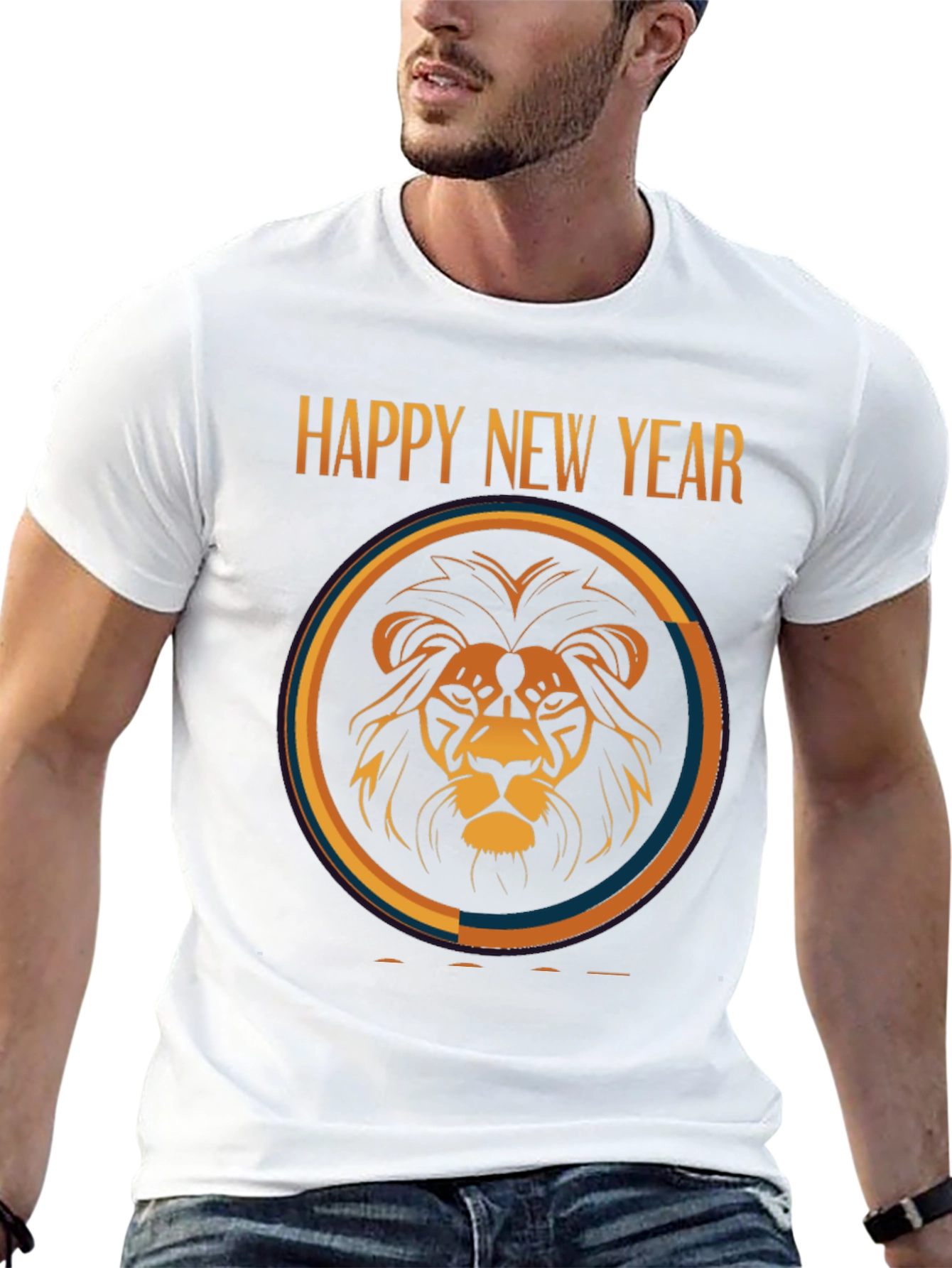 Happy New Year Lion Graphic Black T-Shirt