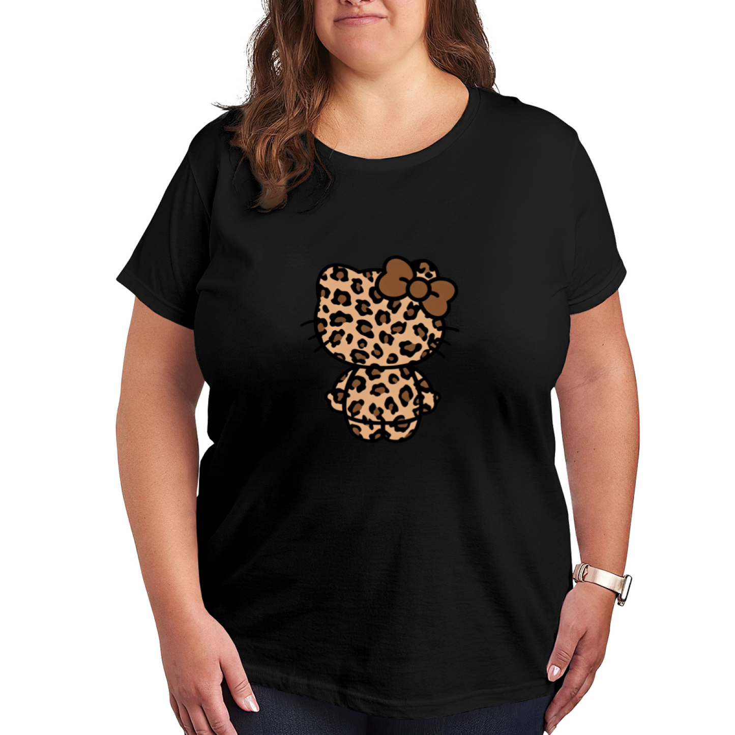 Trendy Leopard Print Hello Kitty Back View Plus Size Ladies T?Shirt