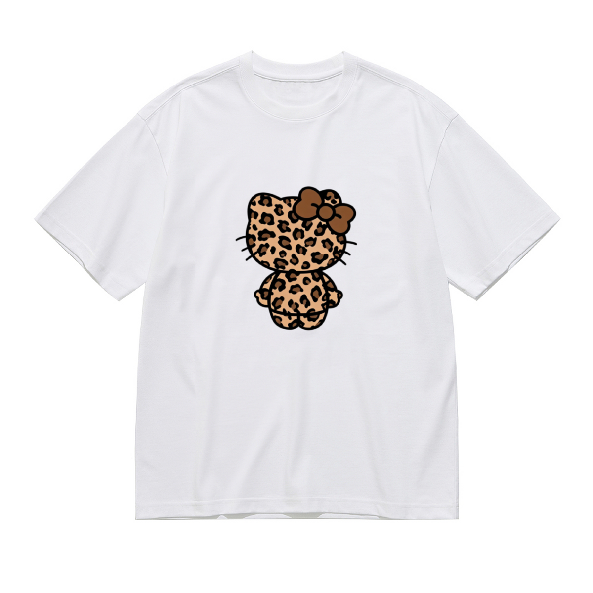 Trendy Leopard Print Hello Kitty Back View Plus Size Ladies T?Shirt
