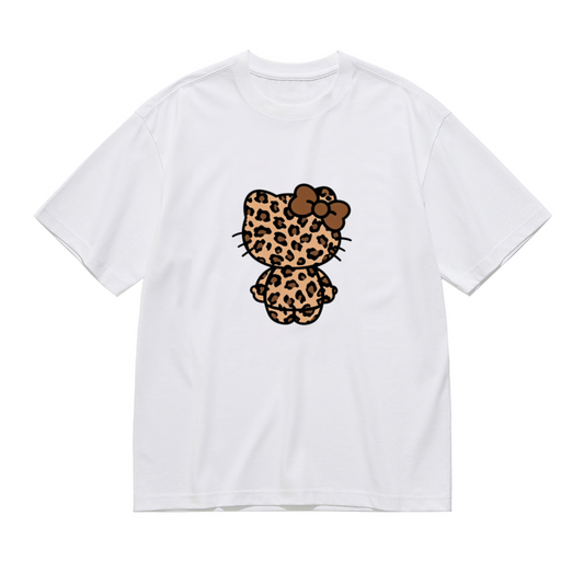 Trendy Leopard Print Hello Kitty Back View Plus Size Ladies T?Shirt