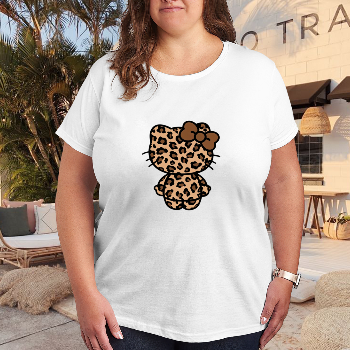 Trendy Leopard Print Hello Kitty Back View Plus Size Ladies T?Shirt