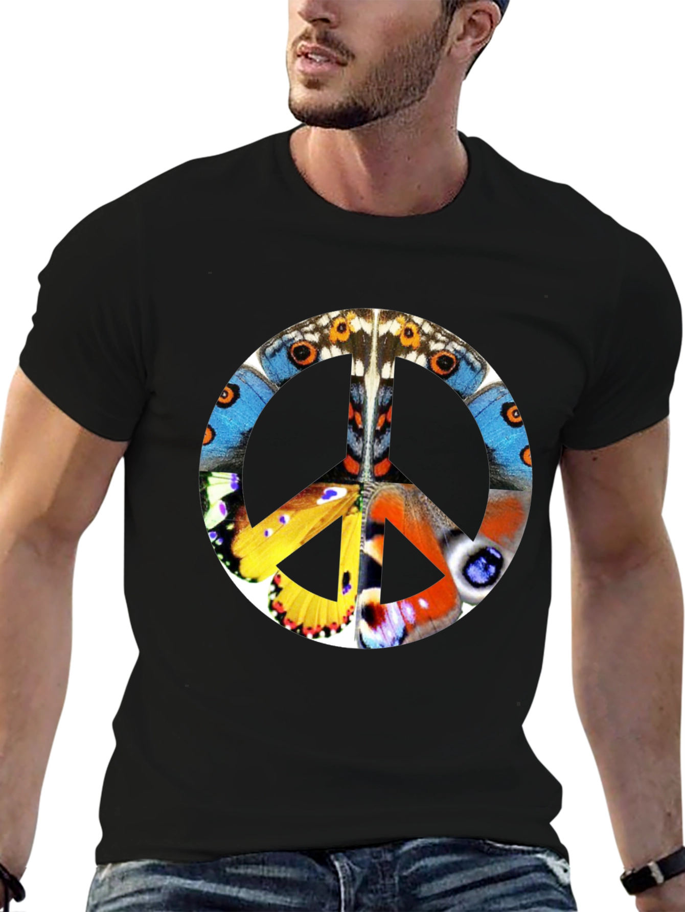 Butterfly Peace Sign Graphic T-Shirt - Black