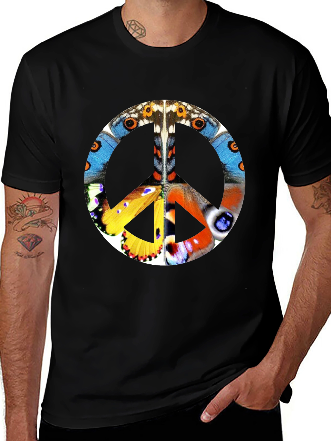 Butterfly Peace Sign Graphic T-Shirt - Black