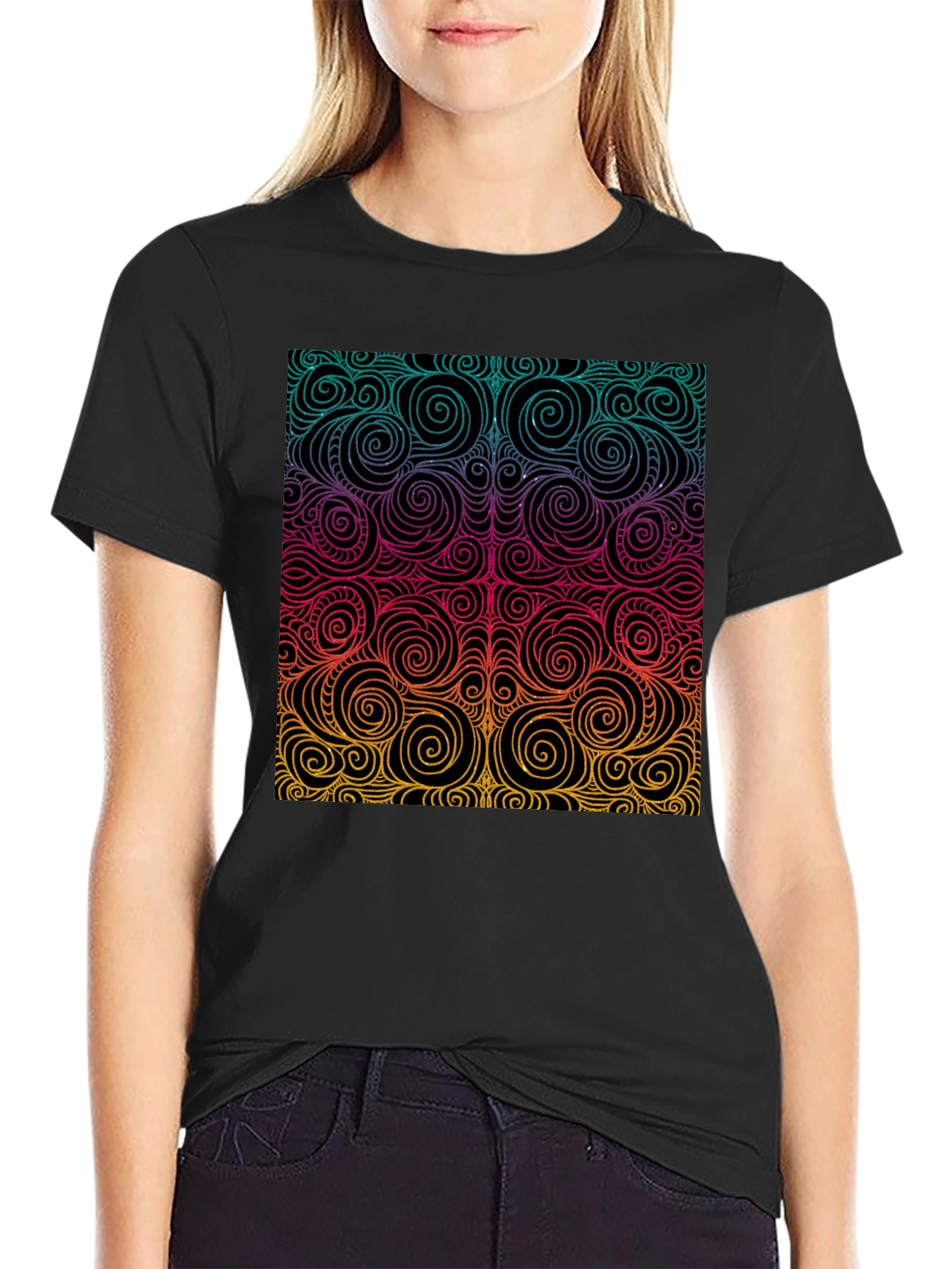 Vibrant Swirl Pattern Black T-Shirt