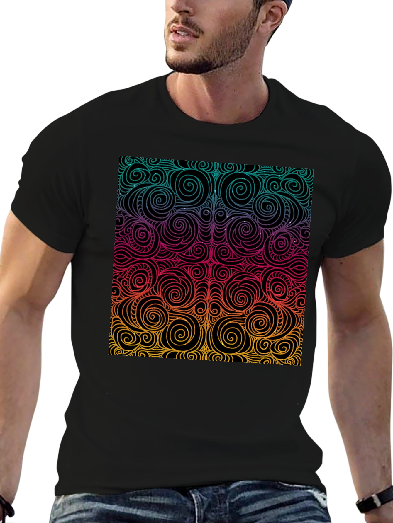 Vibrant Swirl Pattern Black T-Shirt