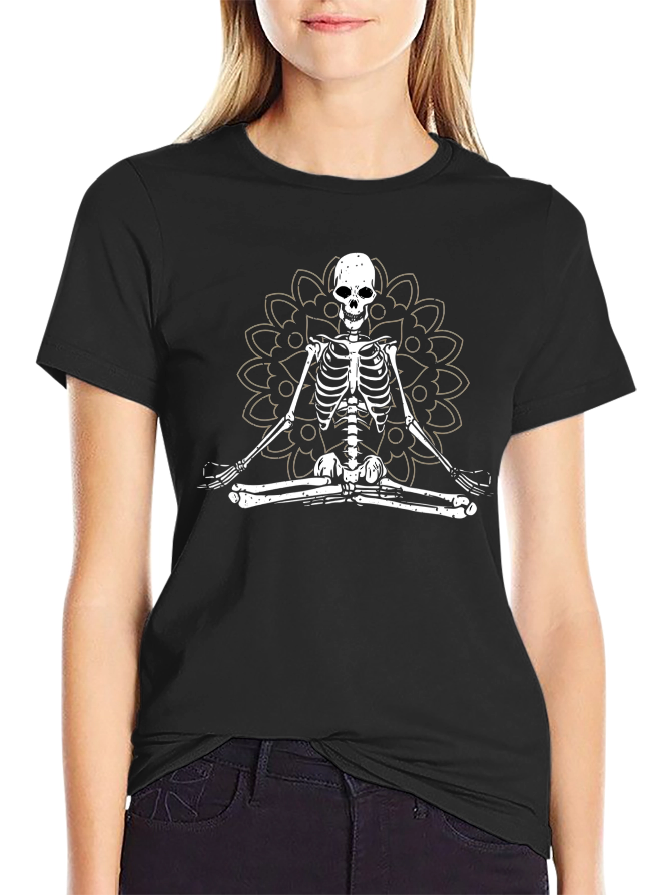 Meditating Skeleton Mandala Graphic T-Shirt
