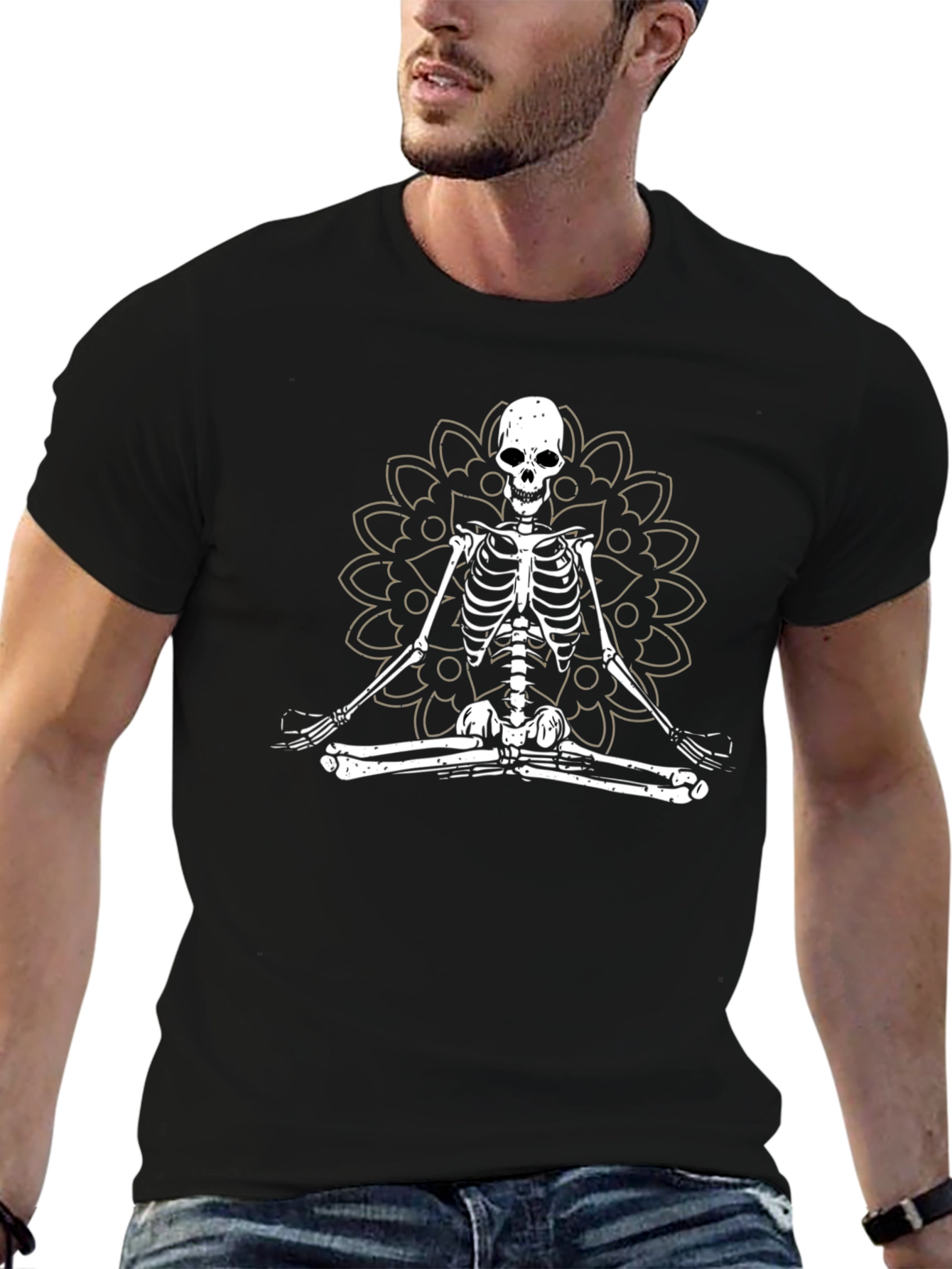 Meditating Skeleton Mandala Graphic T-Shirt