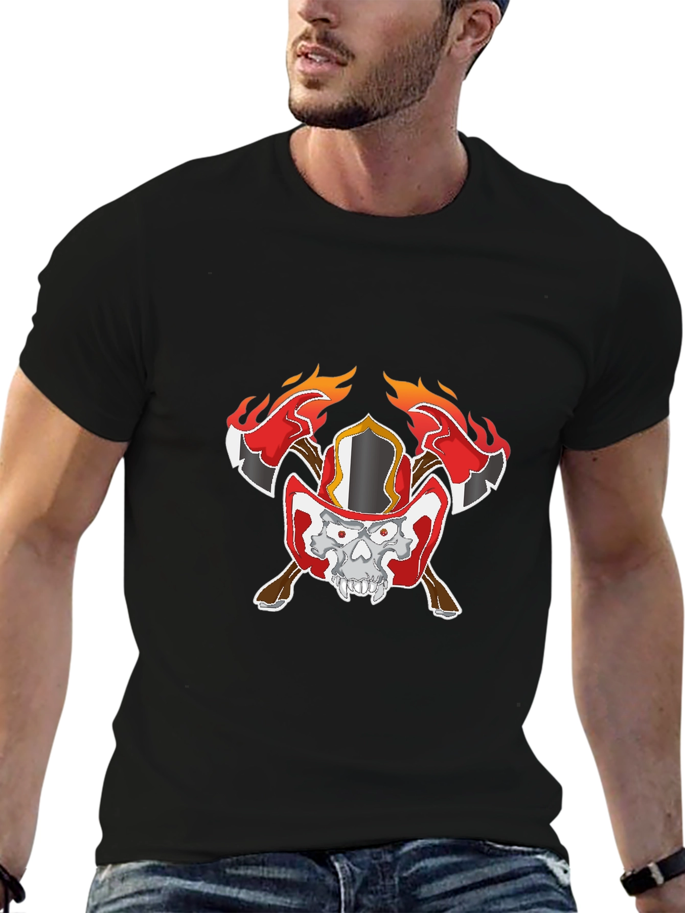 Skull Firefighter Graphic Black T-Shirt