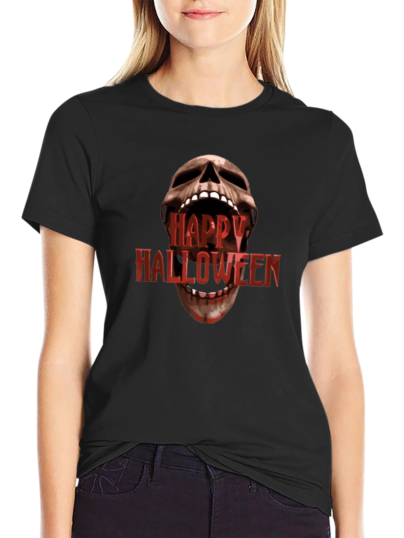 Happy Halloween Skull Graphic Black T-Shirt