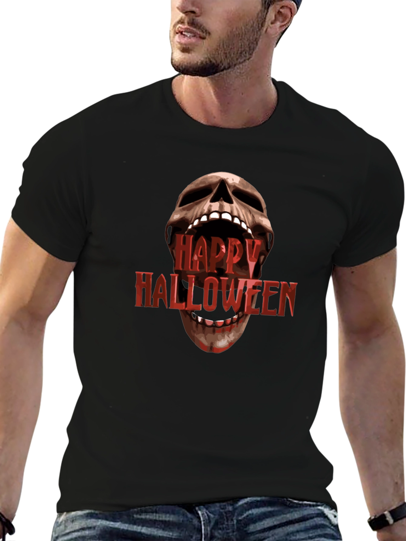 Happy Halloween Skull Graphic Black T-Shirt