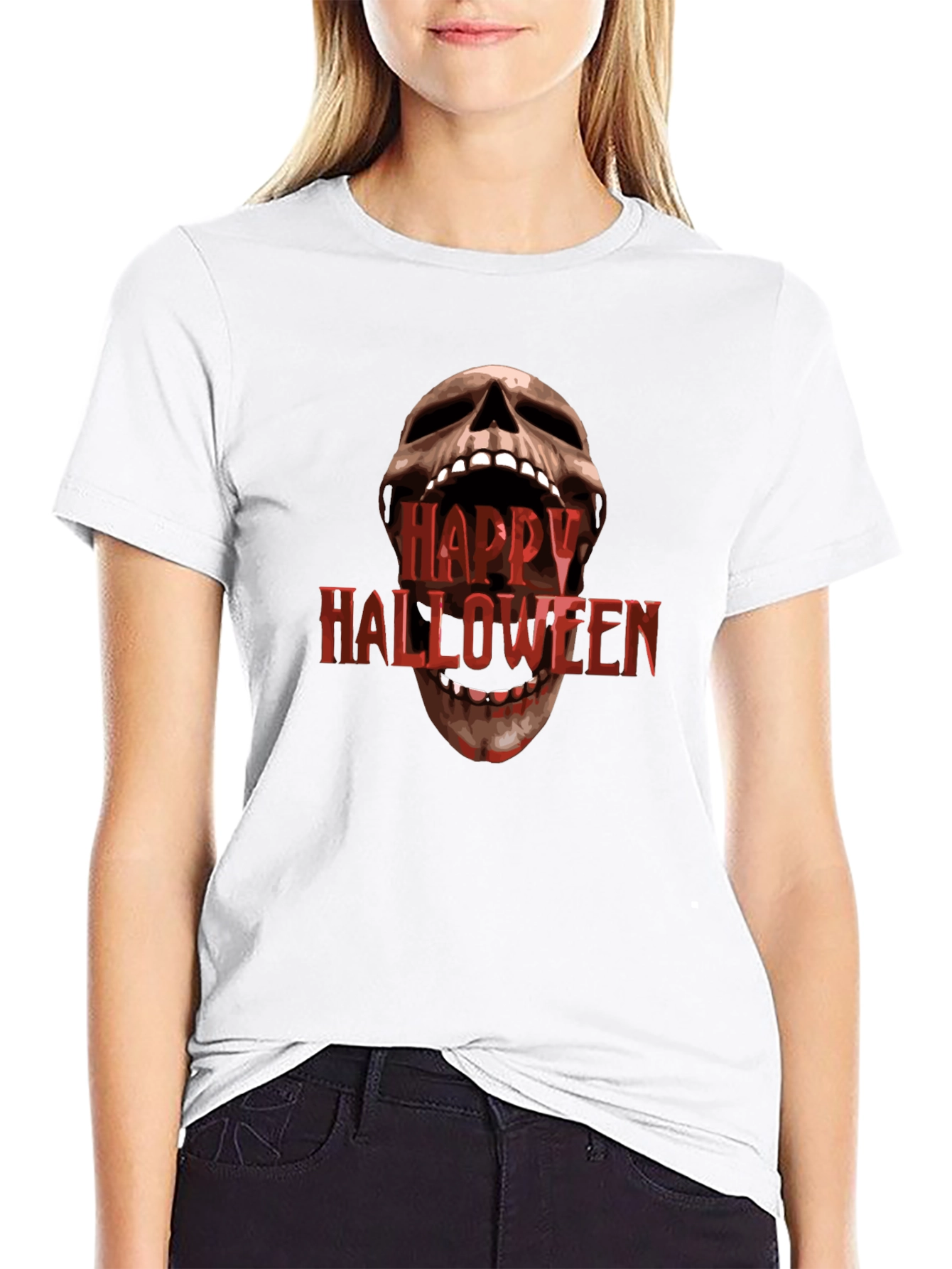 Happy Halloween Skull Graphic Black T-Shirt