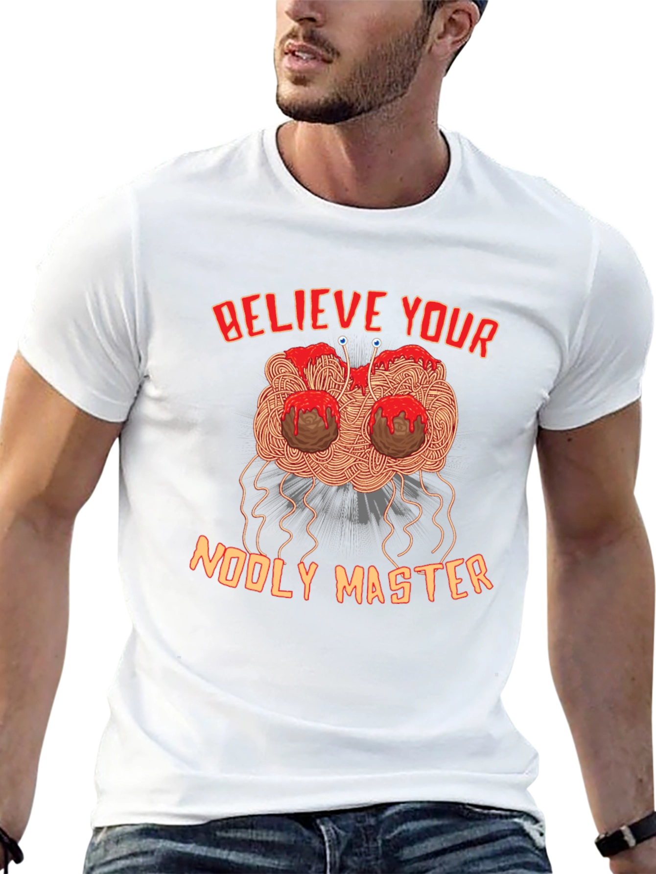 Believe Your Noodly Master Funny Graphic Tee