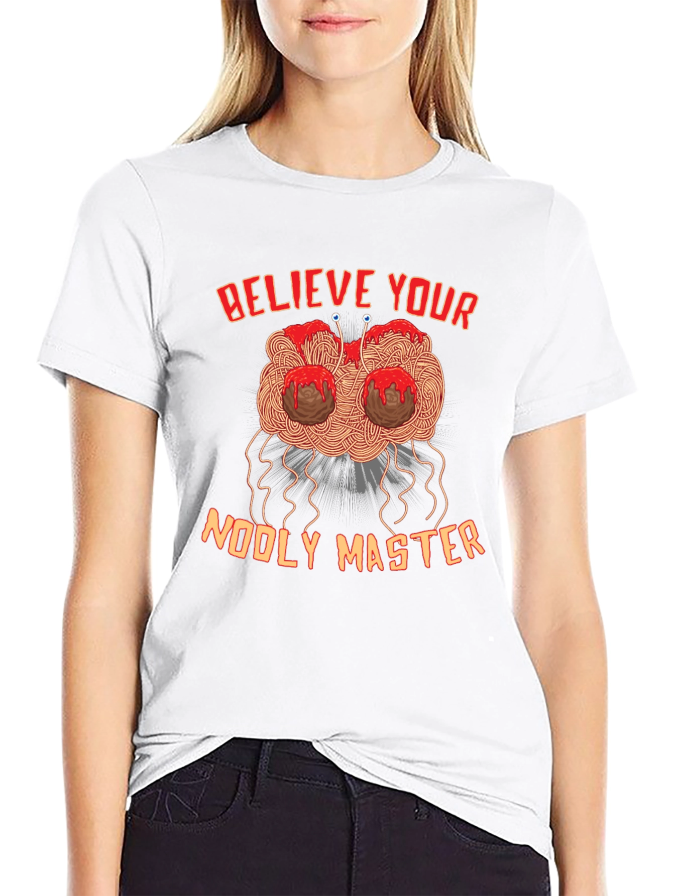 Believe Your Noodly Master Funny Graphic Tee