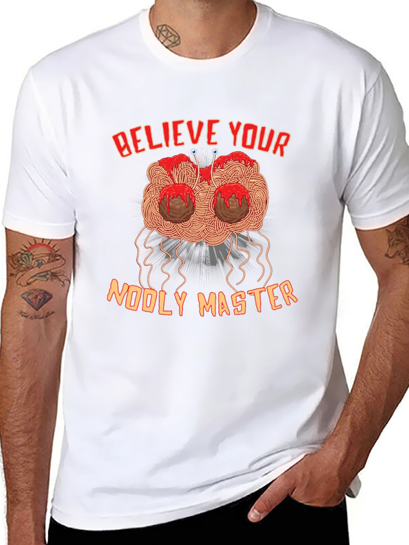 Believe Your Noodly Master Funny Graphic Tee