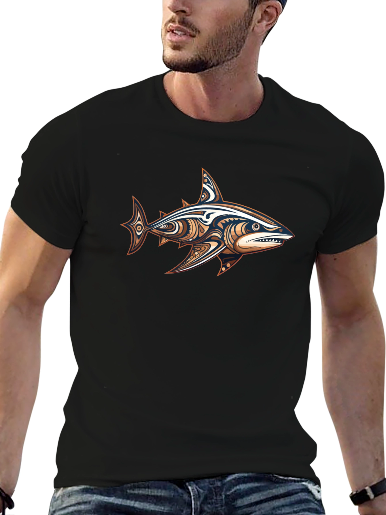 Tribal Shark Graphic Black T-Shirt
