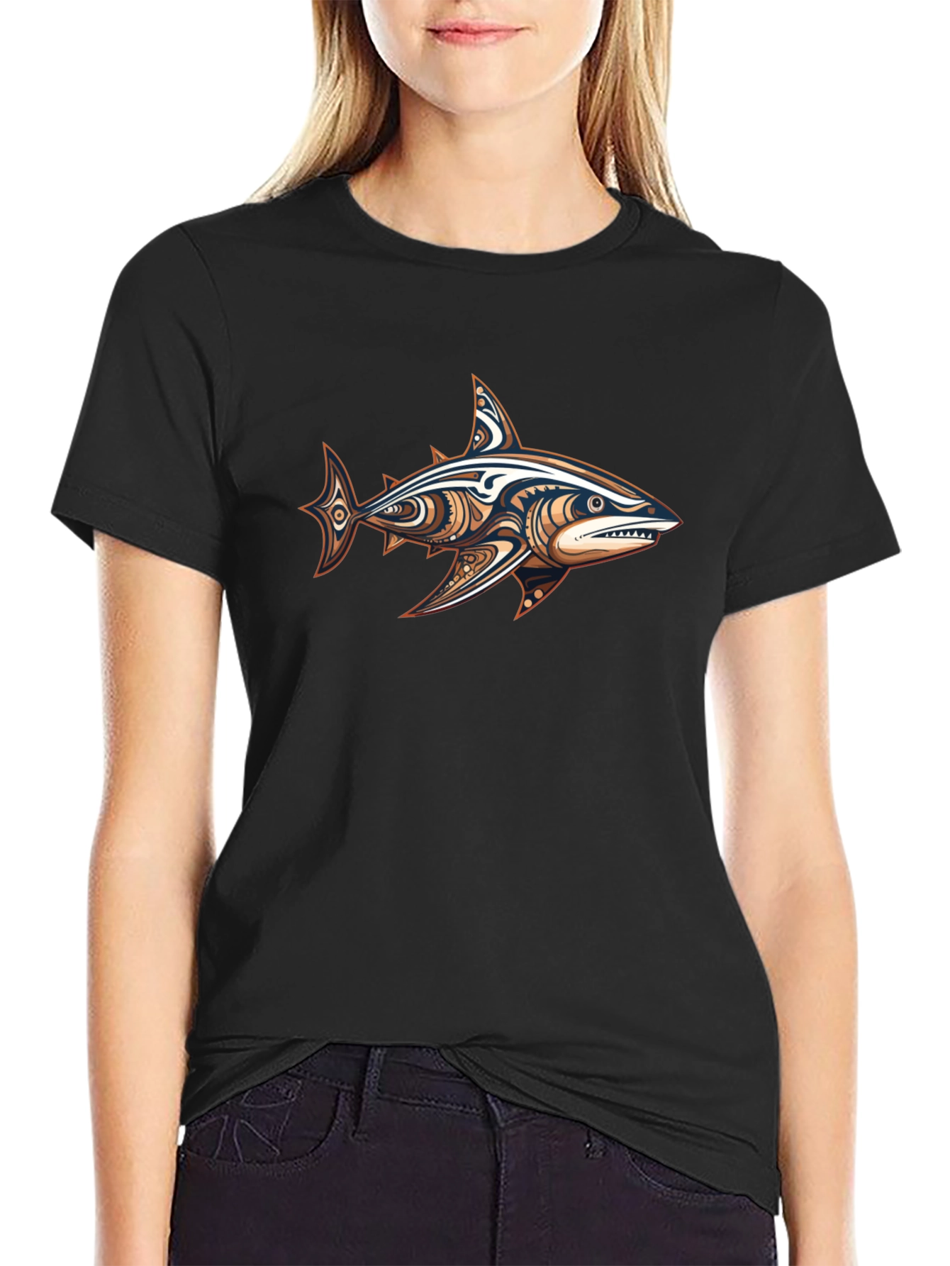 Tribal Shark Graphic Black T-Shirt