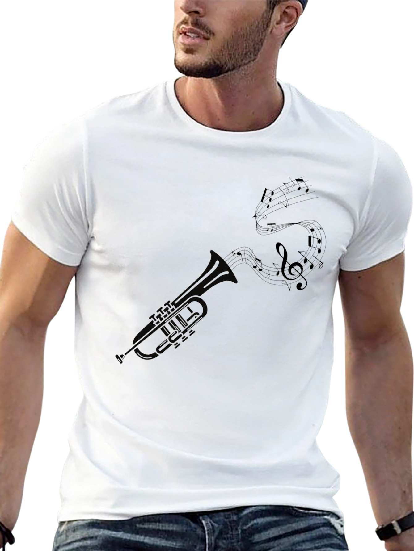 Trumpet and Music Notes Graphic Tee - Black