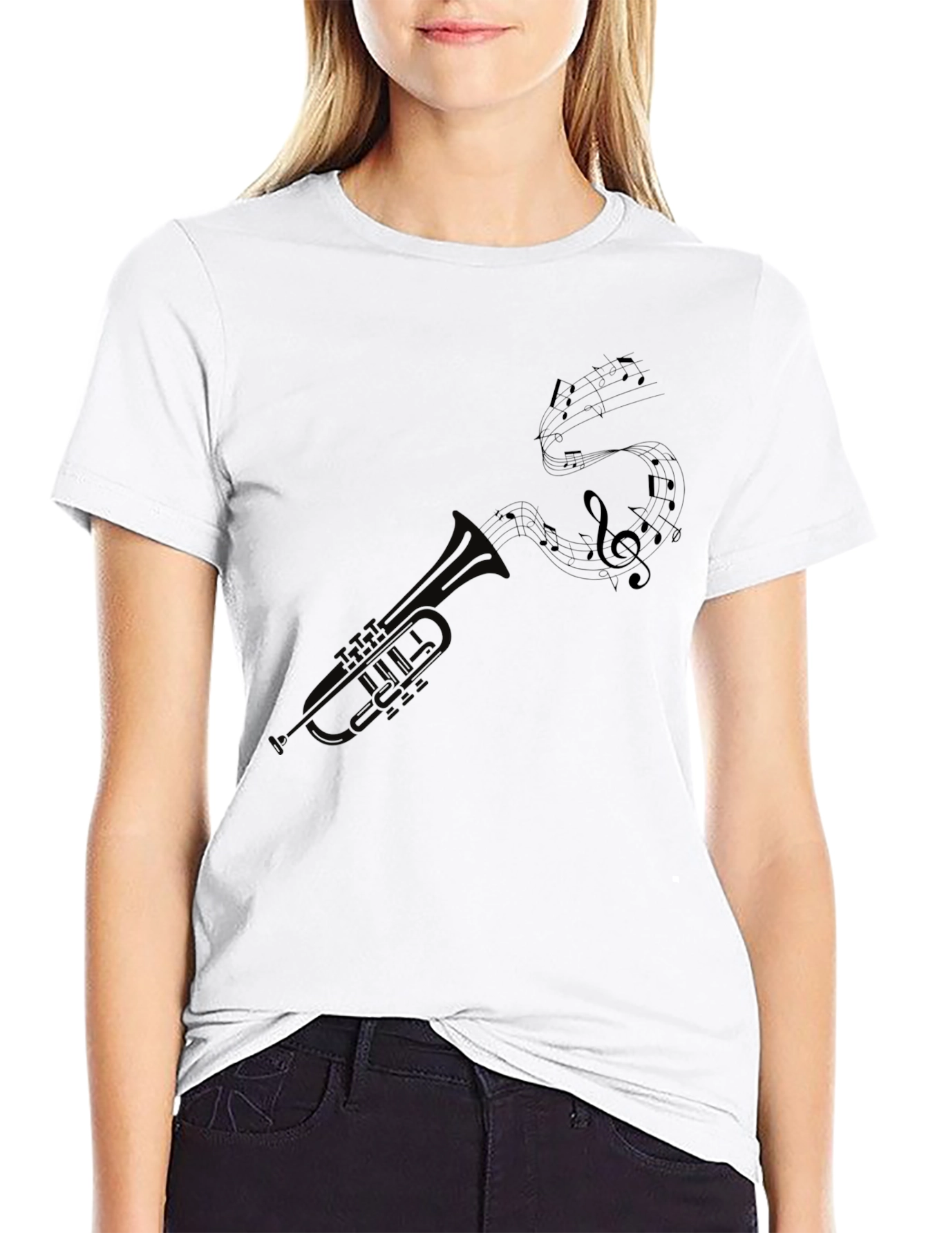 Trumpet and Music Notes Graphic Tee - Black