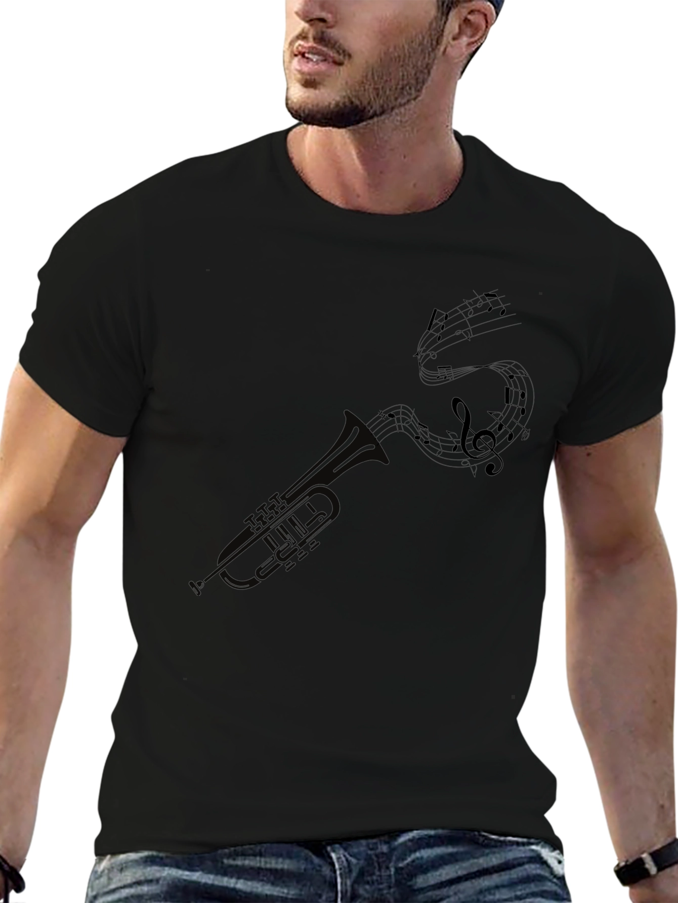 Trumpet and Music Notes Graphic Tee - Black