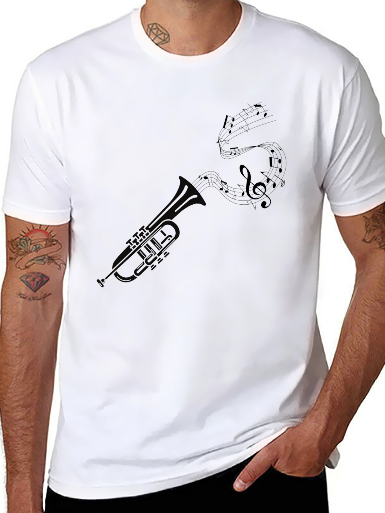 Trumpet and Music Notes Graphic Tee - Black