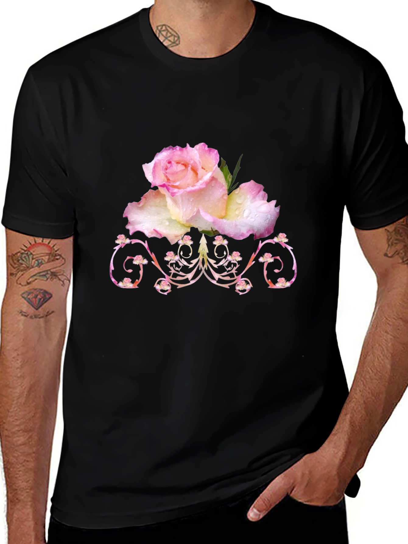 Floral Rose Graphic T-Shirt - Elegant Black Tee